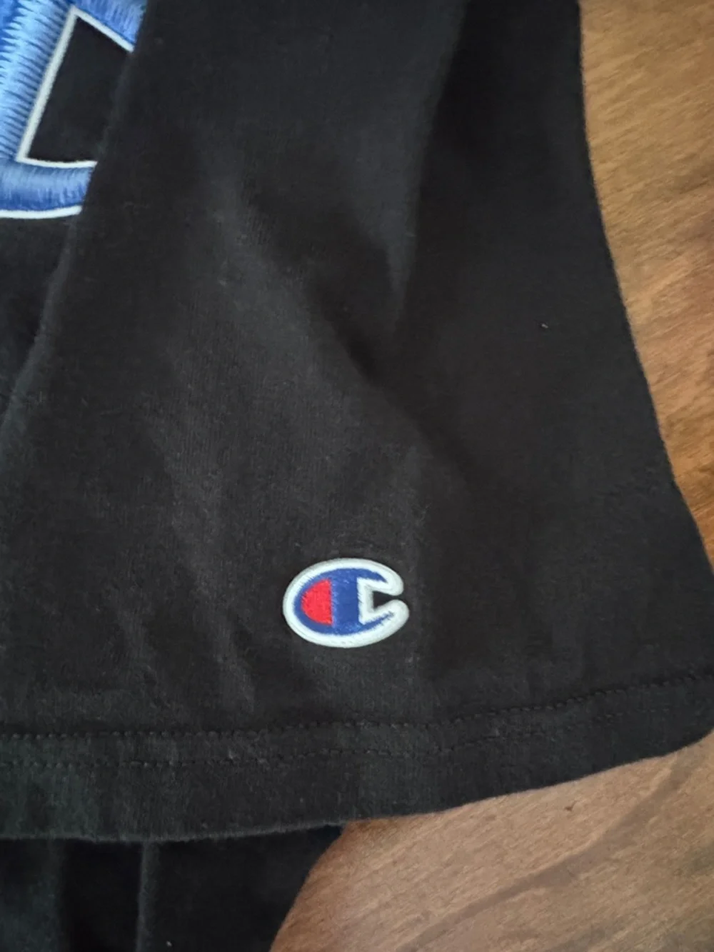 Champion men’s L Black Short Sleeve Tee with Blue & Red patch Logo - Picture 3 of 5